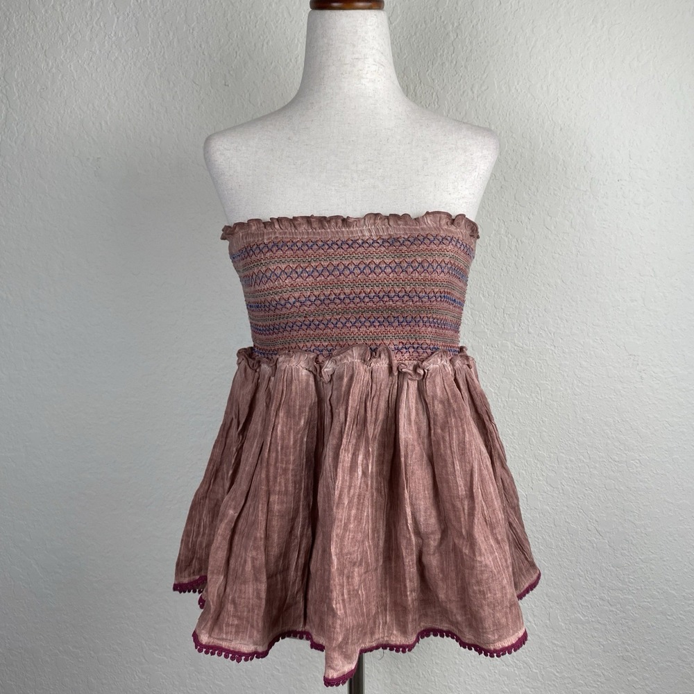 Natural Life M Izzy Top Smocked Strapless Peasant Hippie Festival Cotton Gauze - Picture 2 of 7